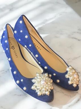 Katy Perry Collections Navy Blue Pearl-Cluster Suede Flats Sz9